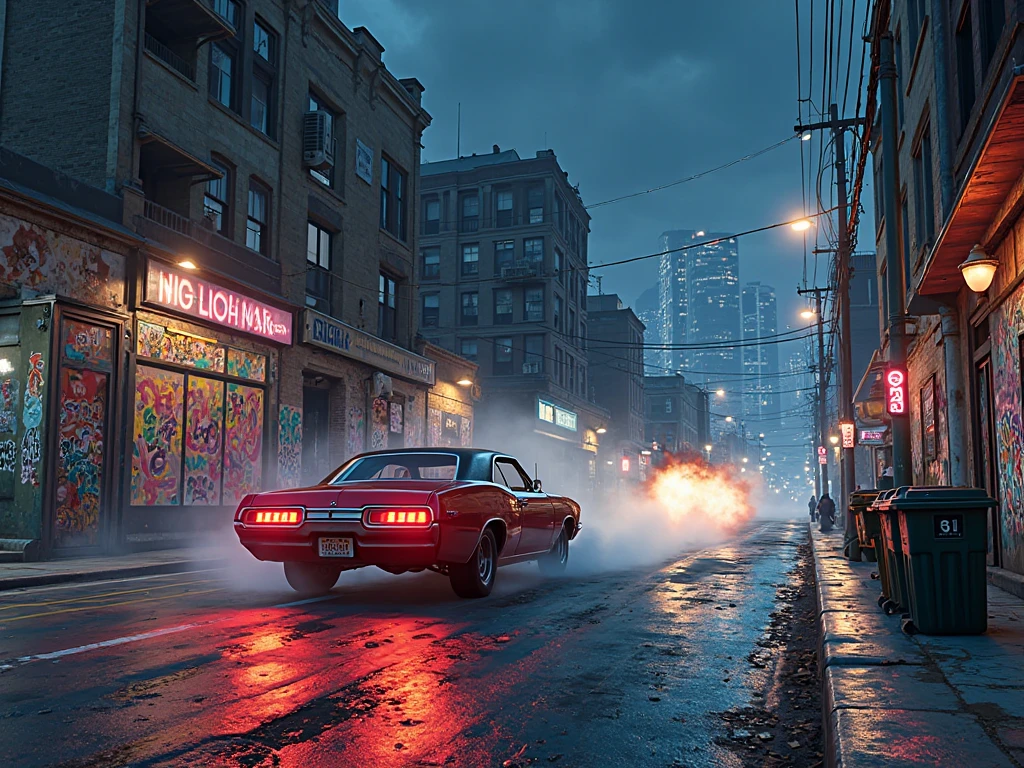 The main menu of the game GTA, a stylized video game with icons and screensavers in the style of the 80s.  Beautiful graffiti on tall buildings and skyscrapers, lit by neon.  Three gang members, a young Latin American man with tattoos in his arms in sportswear (red baseball cap, blue jacket, black jeans),  a young African-American woman in a red top and ripped jeans, and an elderly Caucasian man in a plaid shirt and dark pants, ride in a red low-profile muscle car, firing machine guns at two members of a hostile gang.  The second gang,  a young Asian-looking man in a black leather jacket and a young Caucasian man in a tracksuit, hide behind lampposts and trash cans. High detail, 8k resolution, ray tracing, realistic special effects: Smoke from,  flying bullets, sparks from shots.  night scene,  The sharp contrast between neon lights and shadows,  атмосфера напряженного action а.  third person view,  wide-angle lens, focus on the dynamics of the shootout.  The color scheme is dark tones with bright neon flashes and red shades.  masterpiece,  Maximum detail,  clear drawing characters and environments. Style — realistic 80s,  video game,  action .