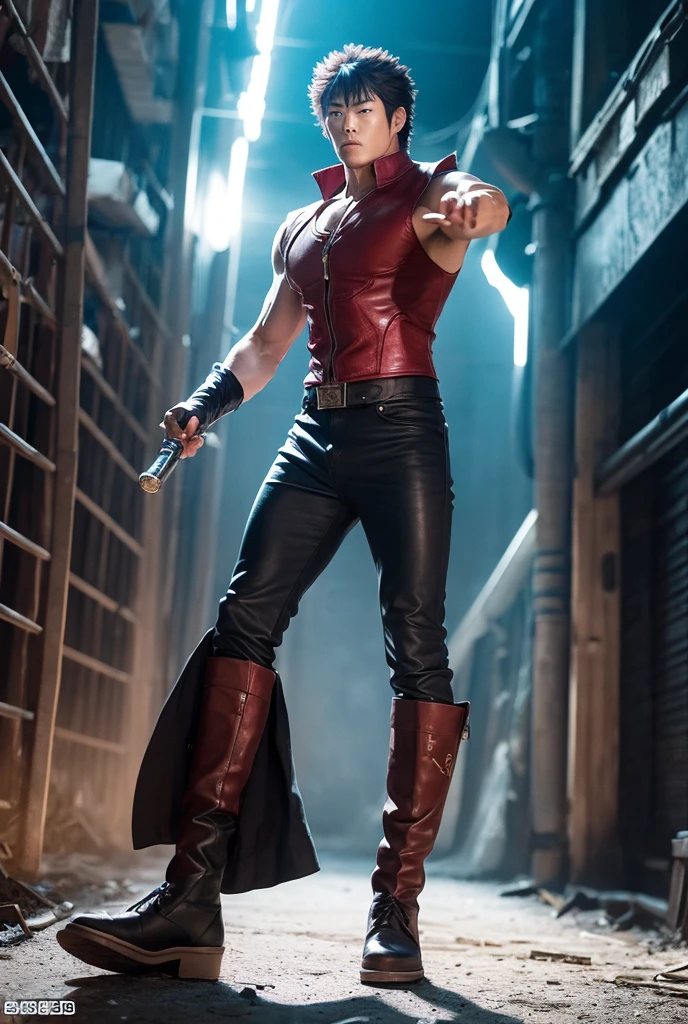 HD quality, high definition, male 18 years old handsome vampire, muscular and slim, red lips, leaning against the bricks, naked exposed crotch penis, model with bracelets, earrings and Necklace, blinfolded, open vest, fully nude and naked body, eyebrowse angry, side view, wearing shoes, vampire