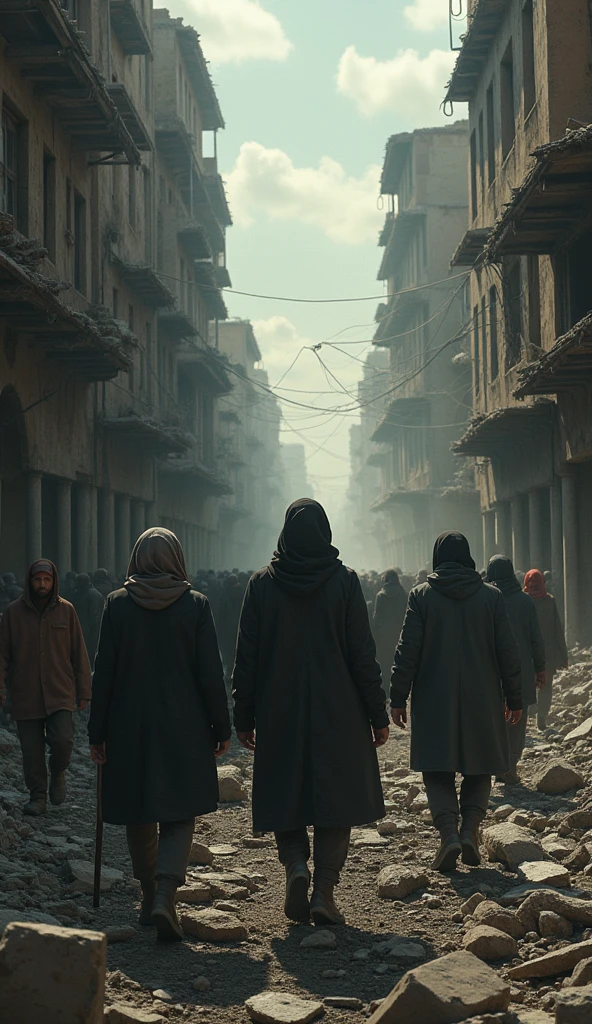 A crowd of people wearing colorful hoods are protesting injustice. The setting is set in the ruins of a city destroyed by a nuclear bomb, Protesters chanted slogans and held signs. The style is abstract, The image is eye-catching,Highlight individual hero traits
