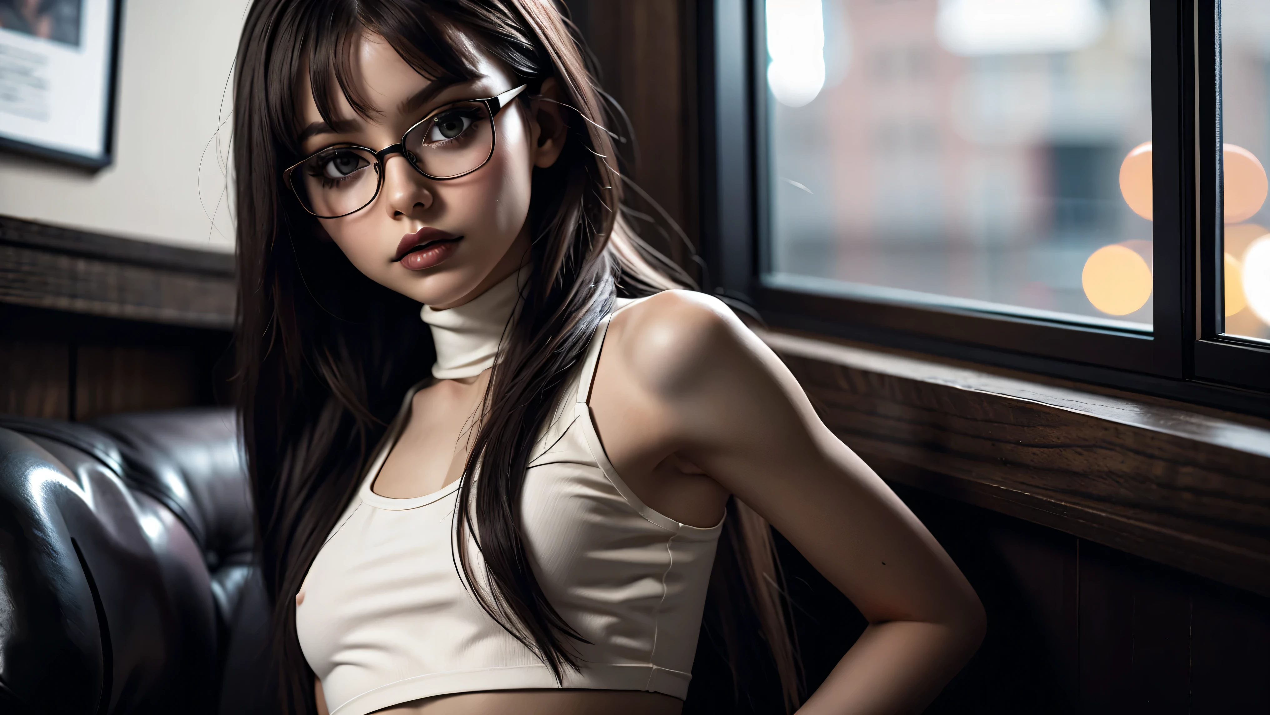 1girl, (skinny body : 1.2), (small breasts : 1.5), flat abs, long hair with bangs, wearing glasses, turtleneck crop top, portrait, bokeh,