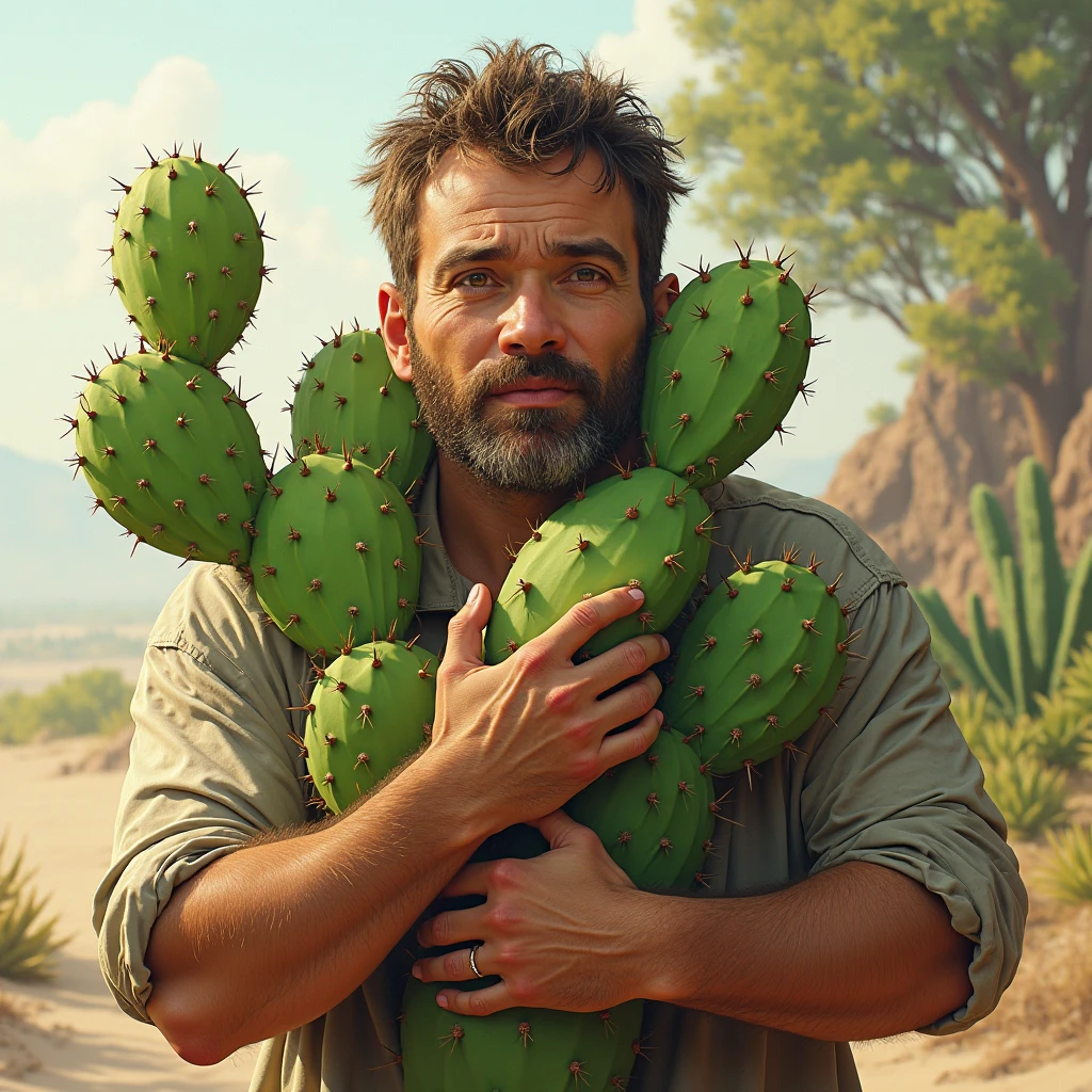 A man holding a cactus, holding a cactus close to the clump, bright ...