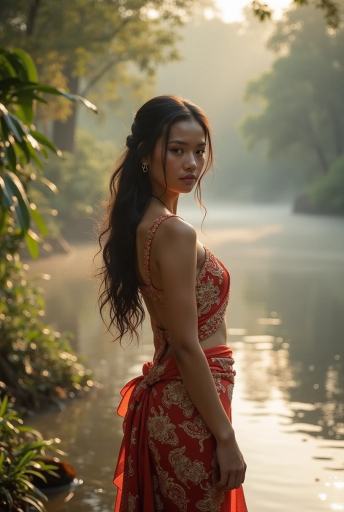 This photo shows an artistic representation of a beautiful 20-year-old Thai woman in a dynamic pose against a backdrop of bright pink and purple clouds. The character is wearing a red and white batik tunic, as well as flowing red and white cloth, giving the impression of movement. And there is a light effect around one of her hands, indicating magical powers.