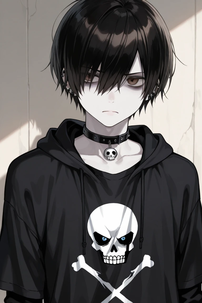 (masterpiece, 4K, best qualityer, Super Detailed in Eyes and Face) Tall man, sad boy, Short Straight Black Hair, eyes black, Skull Choker, Gray T-shirt on top with a Sad Little Ghost Printed on It, Black Shirt With Long Sleeve Bottom, Pose: the side looking at the Camera Thoughtful Expression, Emo Aesthetic Background.
