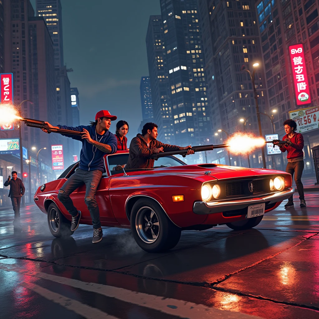 The main menu of the game GTA, a stylized video game with icons and screensavers in the style of the 80s.  Beautiful graffiti on tall buildings and skyscrapers, lit by neon.  Three gang members, a young Latin American man with tattoos in his arms in sportswear (red baseball cap, blue jacket, black jeans),  a young African-American woman in a red top and ripped jeans, and an elderly Caucasian man in a plaid shirt and dark pants, ride in a red low-profile muscle car, firing machine guns at two members of a hostile gang.  The second gang,  a young Asian-looking man in a black leather jacket and a young Caucasian man in a tracksuit, hide behind lampposts and trash cans. High detail, 8k resolution, ray tracing, realistic special effects: Smoke from,  flying bullets, sparks from shots.  night scene,  The sharp contrast between neon lights and shadows,  атмосфера напряженного action а.  third person view,  wide-angle lens, focus on the dynamics of the shootout.  The color scheme is dark tones with bright neon flashes and red shades.  masterpiece,  Maximum detail,  clear drawing characters and environments. Style — realistic 80s,  video game,  action .