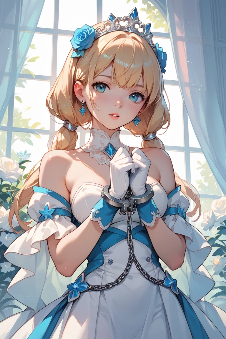 blonde blue eyes、ta、small breasts、twin tails