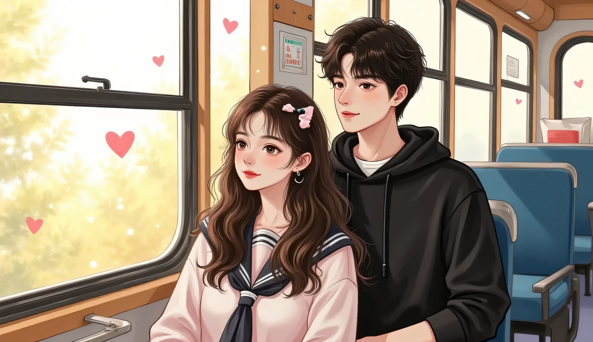 A semi-realistic, manhwa-inspired romantic scene on a school bus. A pretty high school girl with Douyin-style makeup — glossy lips, soft fluttery lashes, and rosy cheeks — is sitting upright near the window, wearing a neat school uniform, gazing outside with a thoughtful expression. Next to her is a tall, cold-looking boy with slightly tousled black hair, pale skin, and a relaxed posture. He wears a dark school uniform with a hoodie, looking straight ahead with a calm, unreadable expression. The bus interior has warm sunlight filtering through the windows, casting soft glows. The mood is serene with subtle romantic tension