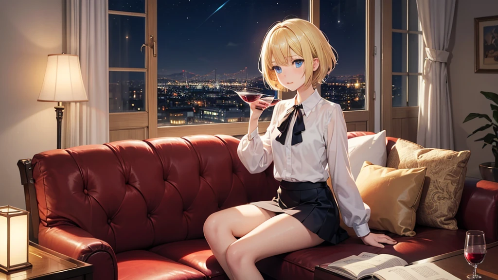 (8k、Best image quality、highest quality、masterpiece)、Detailed face、((One ))、Blonde、Bobcut、Layered Short Hair、shiny bright blue eyes、Wicked Smile、((Grin))、((Big Breasts、Big cleavage))、White shirt and pleated skirt、((Hostess、Nightclub、accessories))、Cowboy Shot、Cabaret Club、Girls Bar、Japanese Cabaret Club Background、(Someone knowledgeable、Shiny skin、Oily skin)、Written background、Large red leather sofa、Small glass table、Champagne glasses、Champagne bottle、Champagne Tower、Drunken girl、Adult female