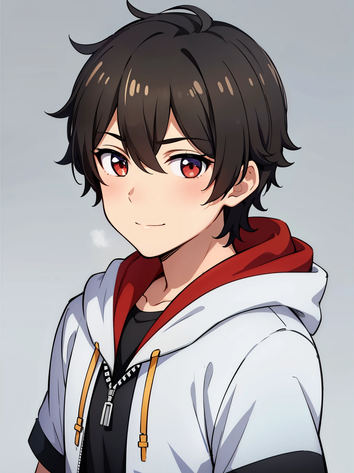 (high-quality, breathtaking),(expressive eyes, perfect face) portrait, 1boy, male, solo, young , black hair, red eye color, short hair length, soft wavy hair, cute smile, fluffy loose hair, side bangs, looking at viewer, portrait, medium full shot, happy expression, RWBY clothing, black hoodie, gold trim, white shirt, red, grey background, short sleeves