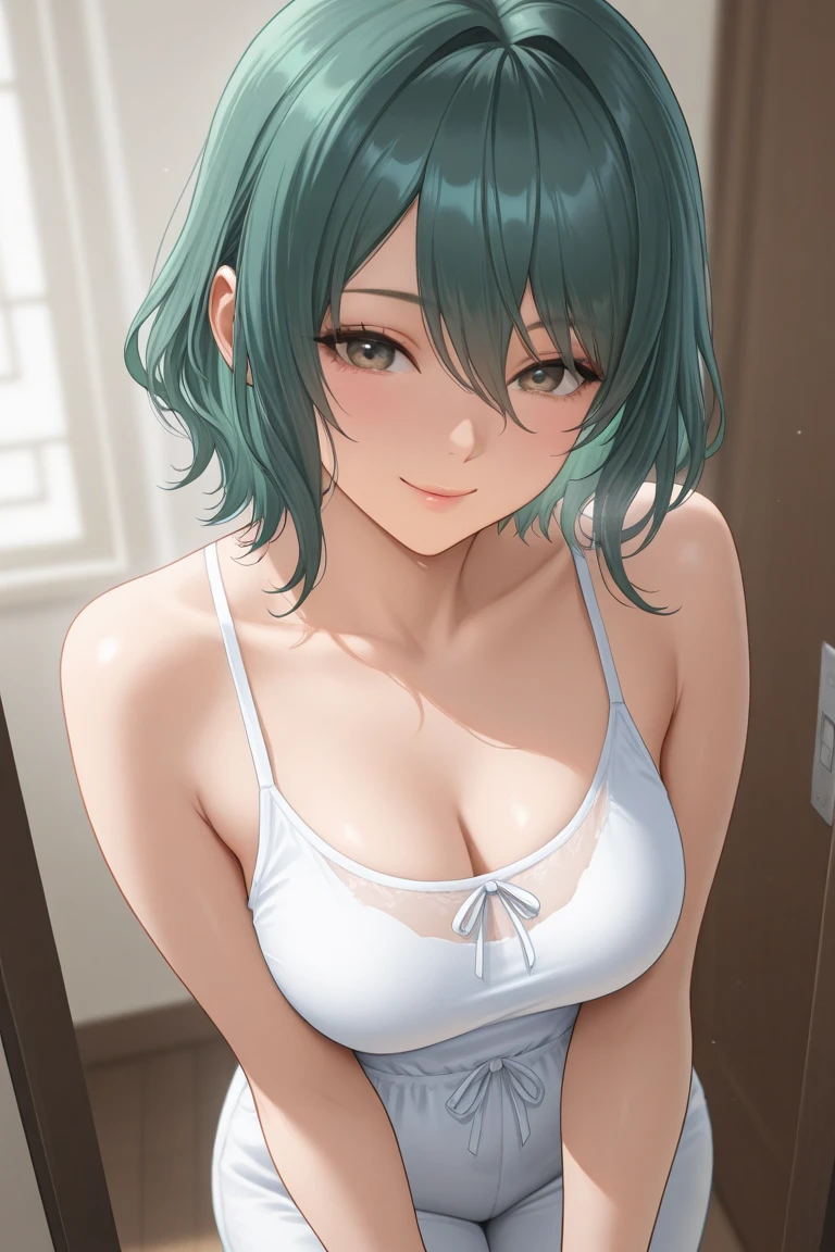 (masterpiece), sHort Hair, grey Hair, Small breasts, Hinomori Shiho, Tomboy, Shiho_H, Green Eyes,
,Embarrassing,Browsing Caution,((Angle of view looking up at tHe girl from below)),blusH,pajamas,((Cleavage)),nsfw