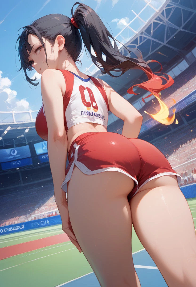 athletics stadium、Beautiful mature woman running、buttocks emphasis、shortcut