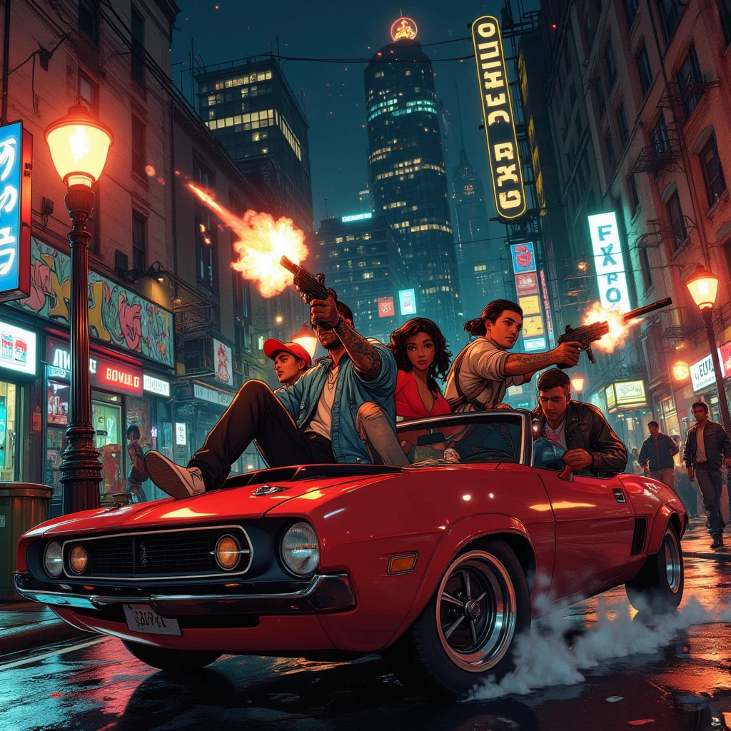 The main menu of the game GTA, a stylized video game with icons and screensavers in the style of the 80s.  Beautiful graffiti on tall buildings and skyscrapers, lit by neon.  Three gang members, a young Latin American man with tattoos in his arms in sportswear (red baseball cap, blue jacket, black jeans),  a young African-American woman in a red top and ripped jeans, and an elderly Caucasian man in a plaid shirt and dark pants, ride in a red low-profile muscle car, firing machine guns at two members of a hostile gang.  The second gang,  a young Asian-looking man in a black leather jacket and a young Caucasian man in a tracksuit, hide behind lampposts and trash cans. High detail, 8k resolution, ray tracing, realistic special effects: Smoke from,  flying bullets, sparks from shots.  night scene,  The sharp contrast between neon lights and shadows,  атмосфера напряженного action а.  third person view,  wide-angle lens, focus on the dynamics of the shootout.  The color scheme is dark tones with bright neon flashes and red shades.  masterpiece,  Maximum detail,  clear drawing characters and environments. Style — realistic 80s,  video game,  action .