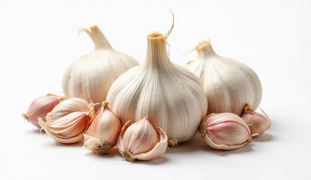 Garlic bulbs and cloves on white background, hyper detailed, 16K, product photography

