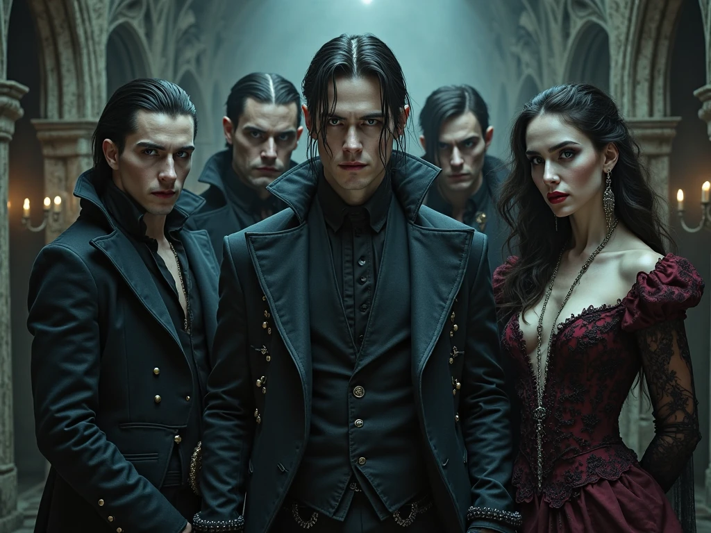 a vampire man crouching next to an attractive human teenage woman cladly dressed,