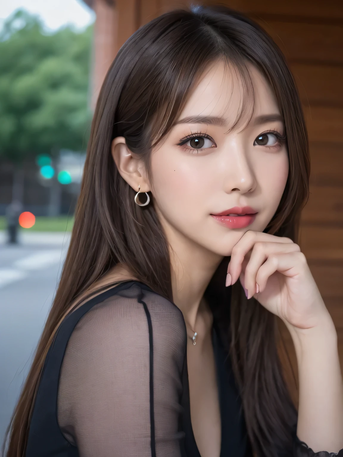 Dark brown wave hair, hair bobbles, longeyelashes, Solid Circle Eyes, lightsmile, Mole under the eyes, Heart Earrings, lightsmile, Shy, puckered lips, surrealism, drop shadow, stereograms, POV, depth of fields F2.8, One-person viewpoint, 8K, Super Detail, ccurate, Best Quality, hight resolution, Best Quality, Full body, Random body orientation,