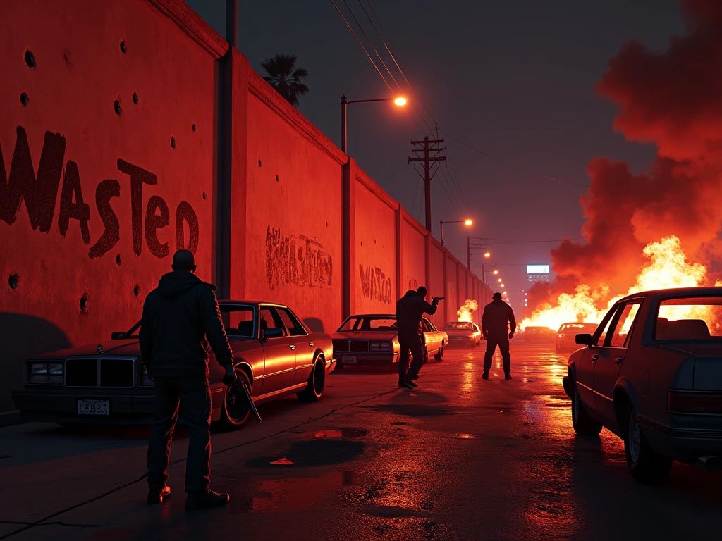 A gang war in the gritty streets of Los Santos, inspired by GTA V. Nighttime scene with bullet holes on walls, graffiti everywhere, abandoned burning cars, two gangs facing off with guns, one gangster, holding a shot gun, falling down with  cinematic lighting, realistic texture, urban chaos, intense atmosphere .  . vibrant colors ,  red color tone , dramatic lighting , (best quality , ultra-detailed , highres) , realistic. gta theme style. wall with "wasted" written on it
