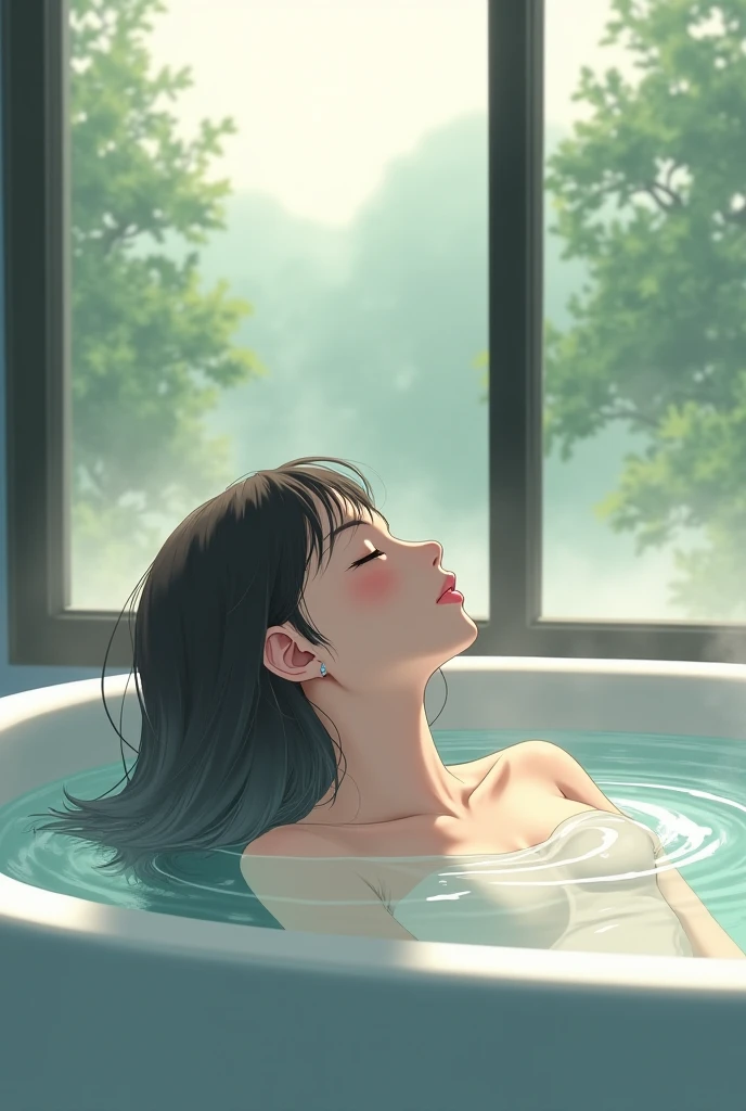 chubby girl, naked, sit, view from front, wide angle, looking at viewer, on jacuzzi, wetness viewer, detailed furniture, detailed exterior, octane renderer, realistic 3d, sunlight, physically-based Rendering, screen space reflection, ssao, water reflection, subsurface scattering, rim lighting