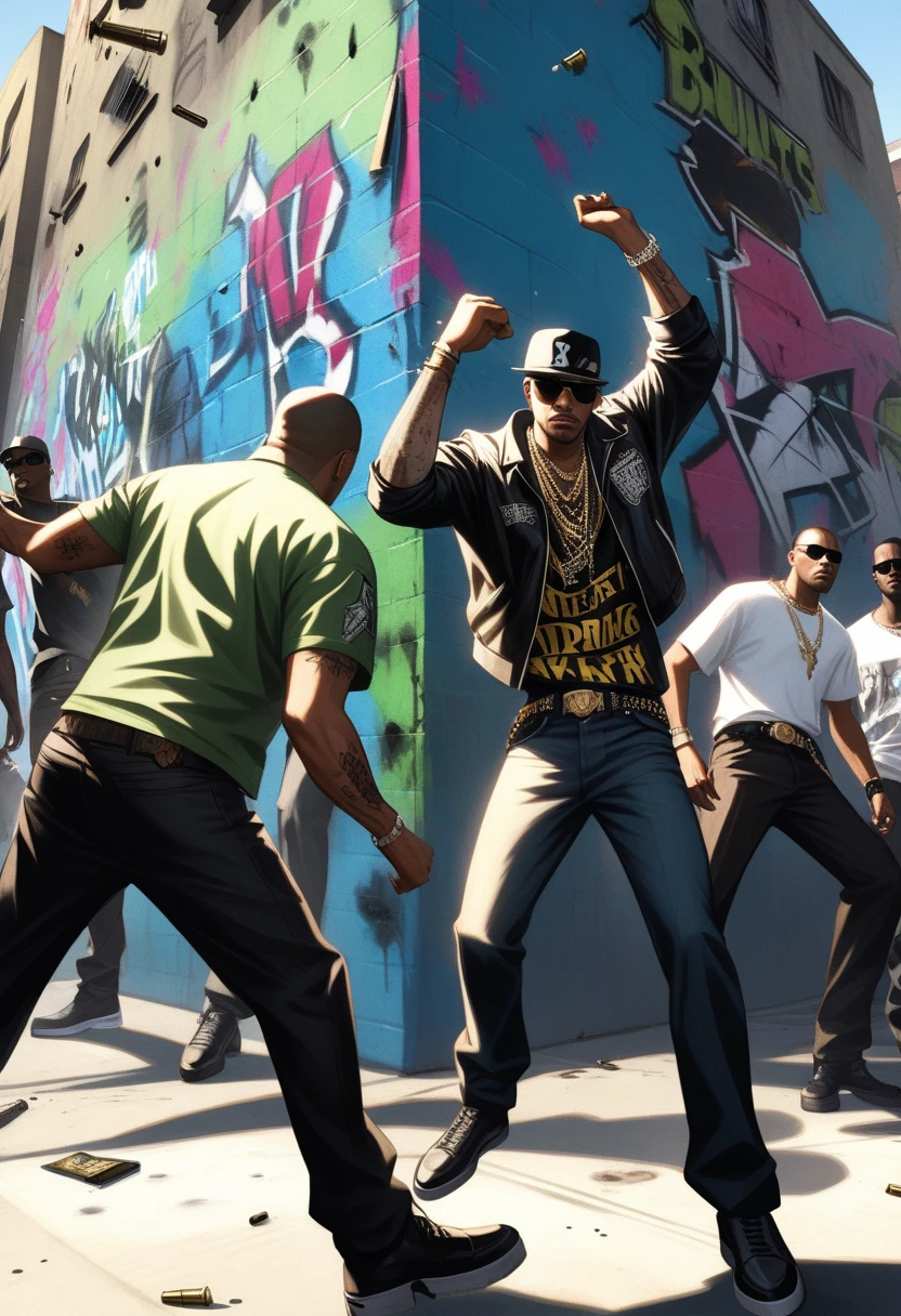 gang rivalry based on the Los Santos edition of Grand Theft Auto as a motif, bullet holes in the urban area where gang plans broke out, bullet holes transform the artwork into new art, Bullet marks pierce the graffiti wall＄240 is dancing, The confrontation between two groups of young mafias