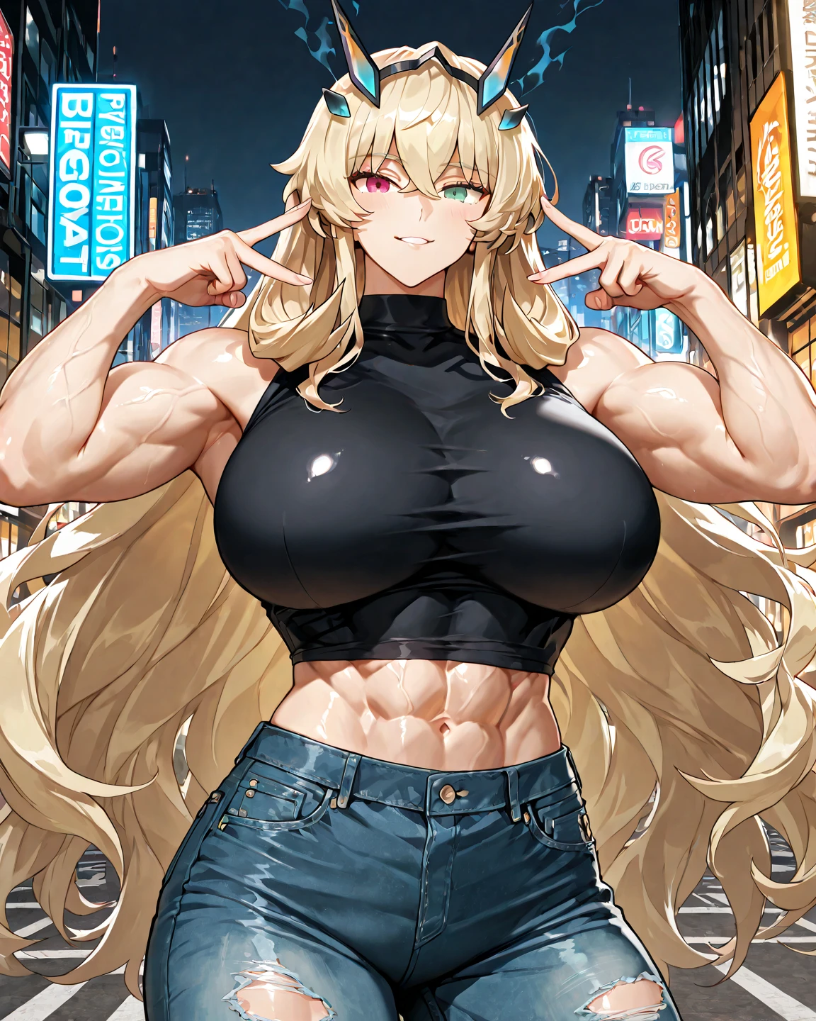 score_9, score_8_up, score_7_up, source_anime, 1girl, solo, upper body, tank top, midriff, sunglasses, glint, smirk, long hair, blonde hair, shiny hair, glossy skin, medium breasts, breasts apart, bokeh, outdoors, street, thighs, thigh gap, leaning forward, presenting, hidden eyes, short shorts, belt, demon tail, shirt pull, pulled by self, hips,anime character with huge breasts and big muscles posing for a picture, oppai, oppai proportions, thicc, powerful and huge, biomechanical oppai, big arms, big muscle, heavy detailedig biceps, massive muscles