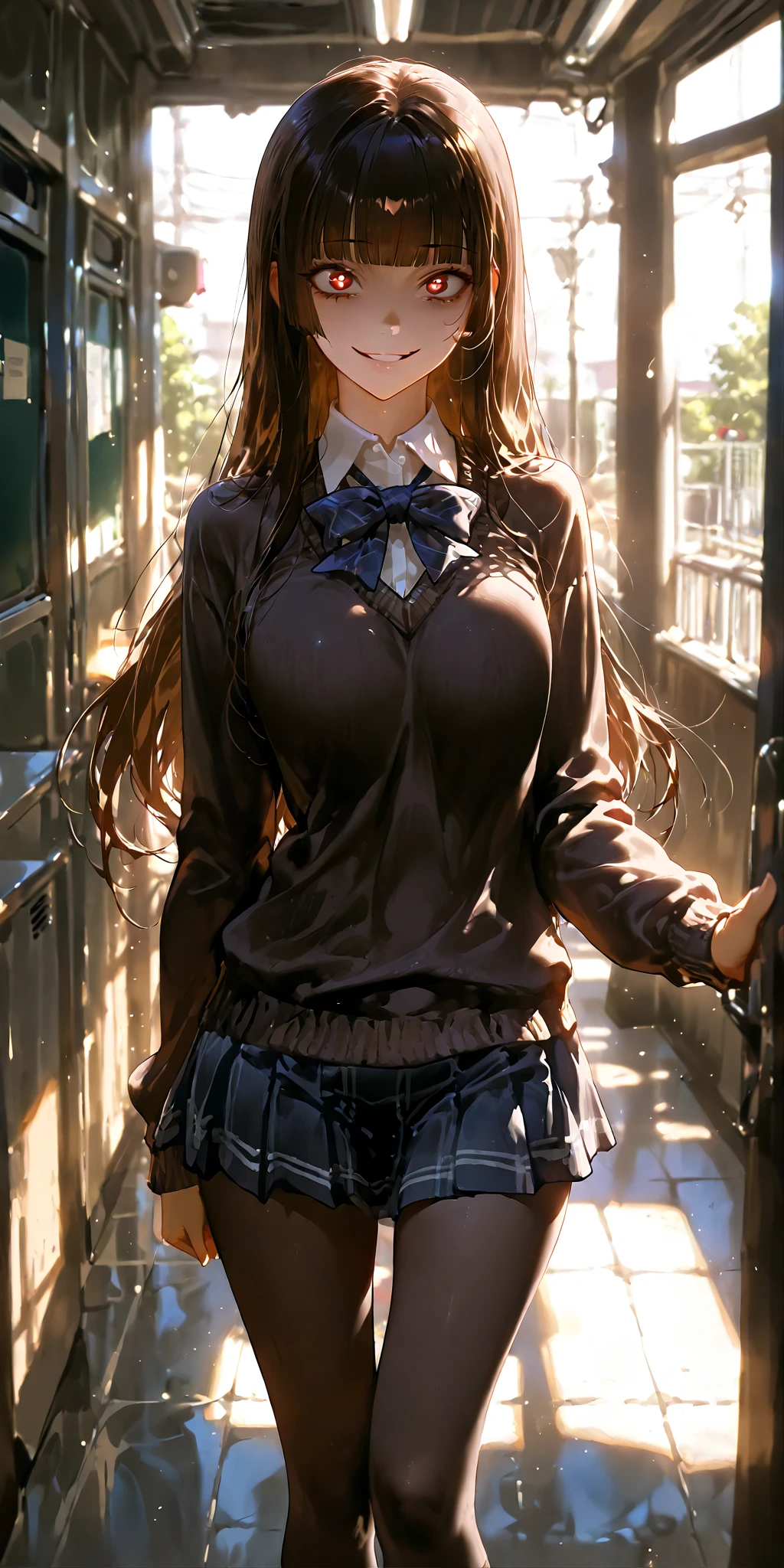 High school girl ((sexy and confident)), slender and curvy, (masterpiece, best quality), smug expression, (real picture, intricate details), (1 lady, solo, firm breasts, no visible muscles, soft and feminine body), long flowing hair, sharp and teasing eyes, (tight school uniform, short skirt, revealing top), standing confidently in front of you, playful and taunting pose, arms crossed or hands on hips, (school hallway background, normal setting, lockers and posters in view), smirk on her lips, direct gaze, (teasing, playful dominance), Background: High school hallway, normal school day, casual atmosphere, fluorescent lighting.