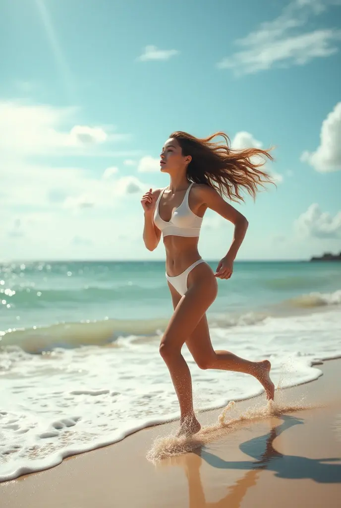 a woman standing, With open arms, em um ambiente natural ao amanhecer ou anoitecer. She's looking at the horizon, and the sunlight is illuminating it from behind, criando uma silhueta e um brilho que simbolizam sua energia interna. This image conveys a sense of freedom, Strength and optimism, determinada com a ideia de uma "Energy Woman".