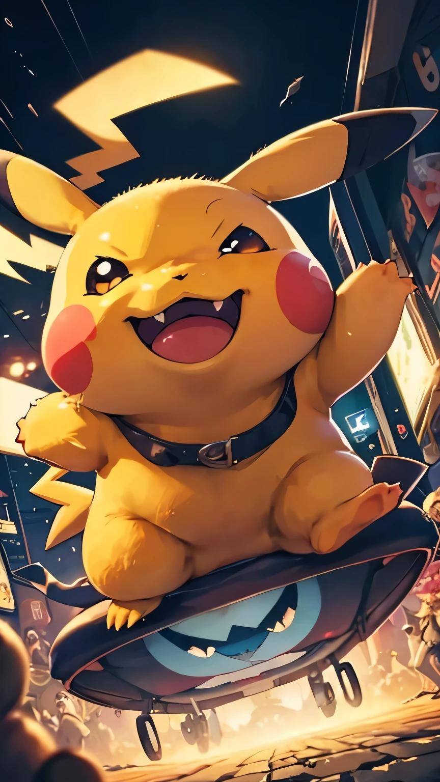 最高masterpiece, Chubby cute Pikachu, big mouth, big smile, scary teeth, Dirty teeth, evil expression, Evil Smile, long tongue, Monster Tale Pikachu, Bounce House, (masterpiece), (cinematic lighting), (great quality)