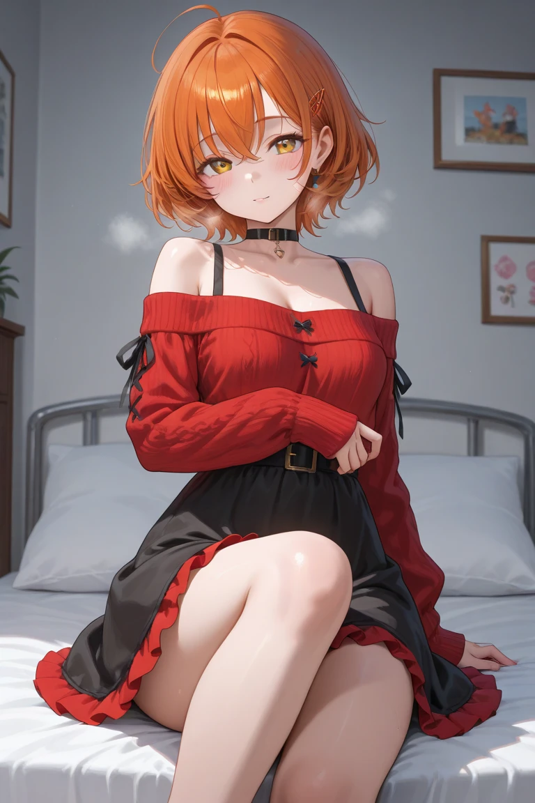 Cute girl with short shoulder-length red hair and black neckless dress, dragon horns 