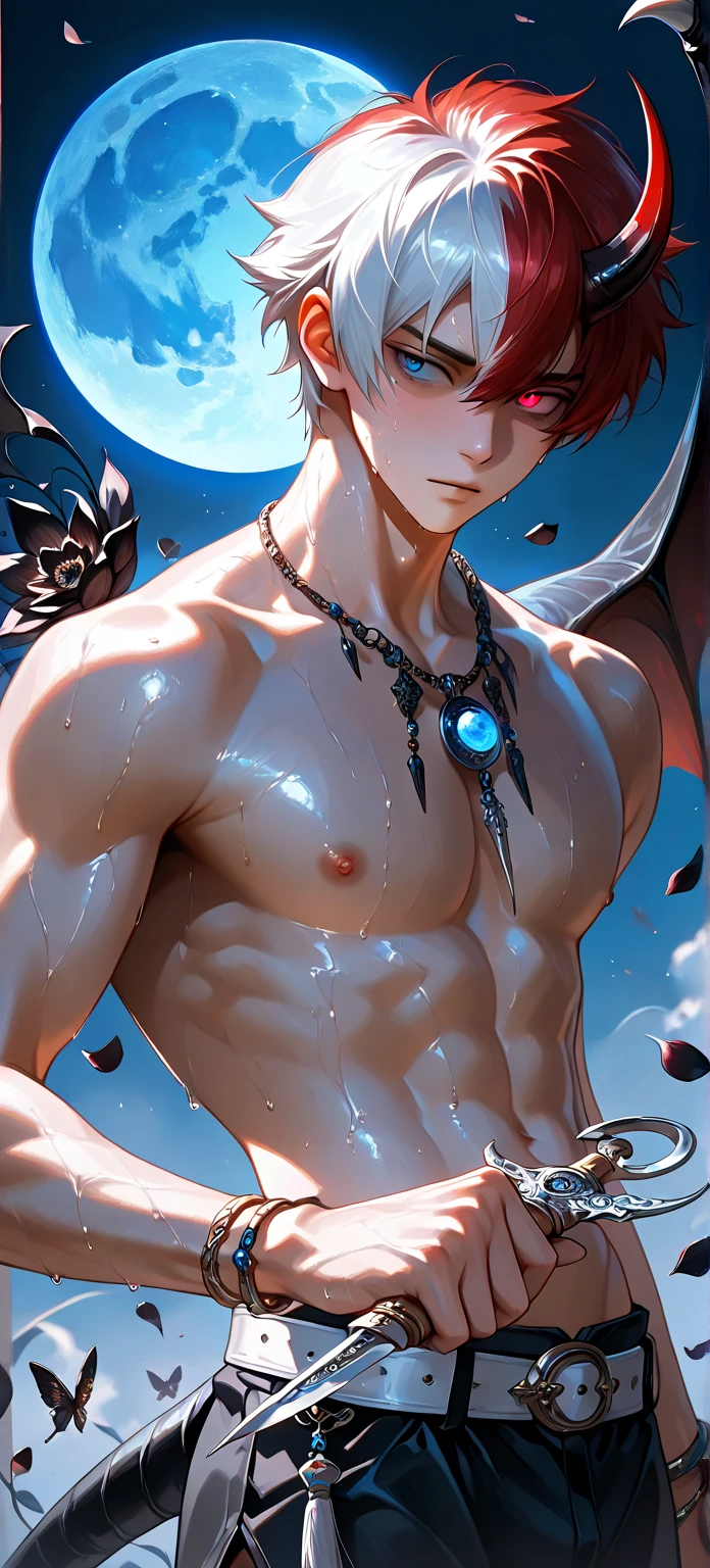In the bright galaxy,Accompanied by a crystal dragon,The dragon accompanied the boy,White and tender skin,Jewel-colored tattoos,Silver hair,Hot teenage flesh, A meticulous face,Handsome face,18 year old young beautiful man,Handsome guy,Muscle Junior,Tall figure,Eight-pack abs,Broad pectoral muscles,Bare thighs,Only thongs were worn,No other clothing,Only thongs were worn,low waist thong,Sexy thongs,Men's tong,Narrow tong,Clench your fists,The expression is fierce,The eyes are fierce,Launch an attack,fistfight,fights,Fight,Initiate a battle