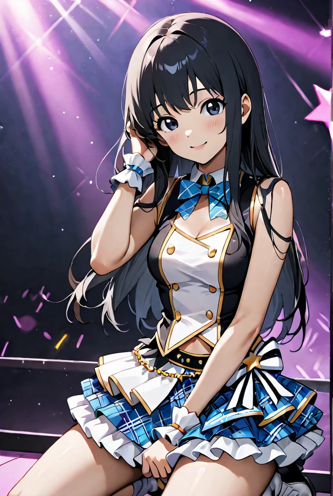 (最high quality, 4k, High resolution, masterpiece:1.2), Very detailed, (anime, animeスタイル:1.37, High Contrast), Cinematic Light, Bright colorsと魅惑的な効果, Soft and delicate lighting, Lens flare, The whole scene has a beautiful and gentle atmosphere., alone, (((1 girl))), Black Hair, Long Hair, ponytail, blue eyes, jewelry, Earrings, Idol Costumes, Cute frills, pastel colour, Beautiful thighs, flare skirt, (smile:1.5), ((Open your mouth:1.2)), ((Random Action Pose:1.2)), ((peace sign, Double Peace, Peace sign with both hands:1.1)), Beautiful Skin, Shiny skin, Perfect Fingers, Five Fingers, ((Live Stage:1.2)), Background blur, high quality, Surreal, Bright colors.