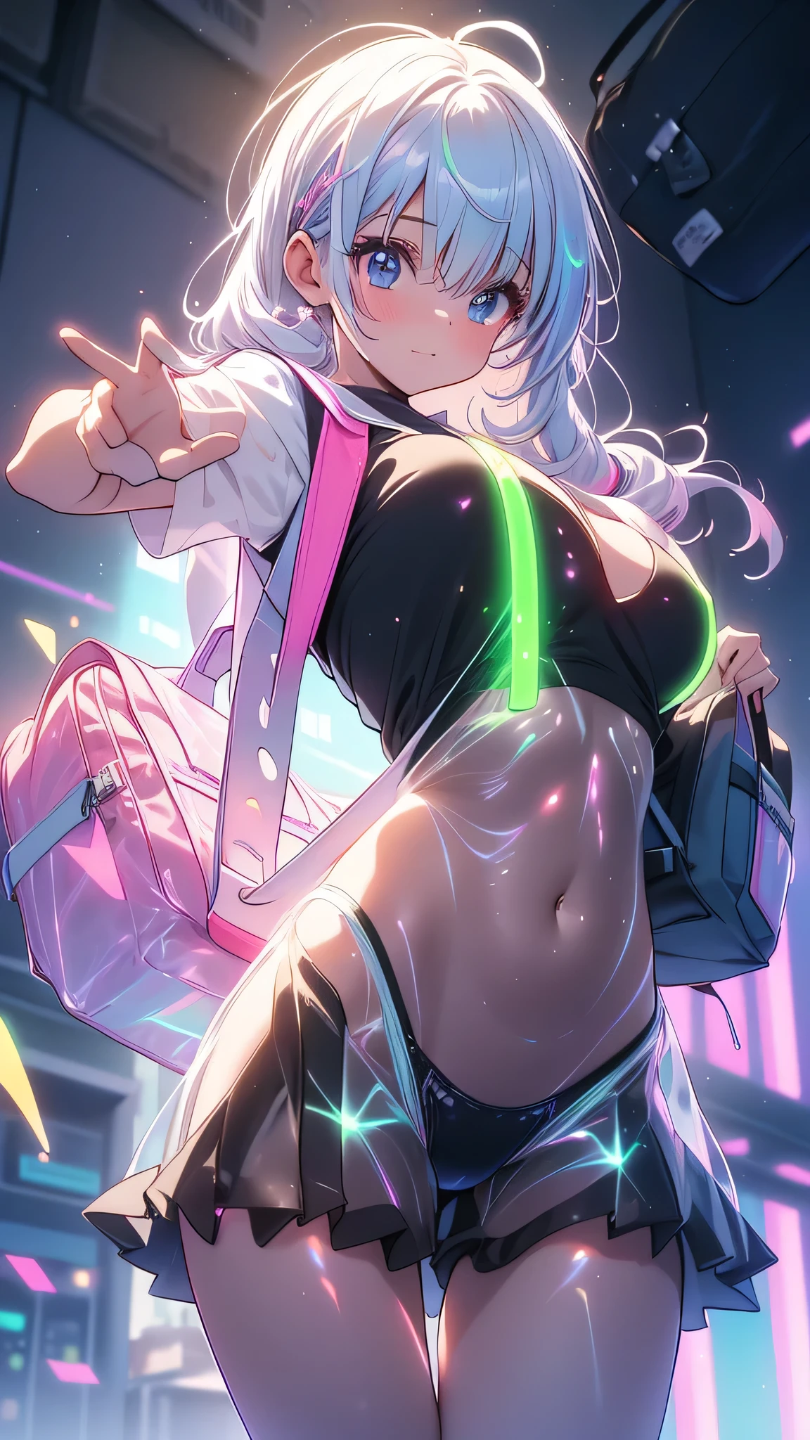 top quality, (Masterpiece: 1.3), (Maximum resolution: 1.2), (Ultra HDTV: 1.2), Cinema light, Ultra HDTV, (Detailed eyes and skin), (Detailed facial features), HDR, 8k resolution, Sharp Focus: 1.2, (solo DJ girl:1.6), ((dancing and emphasizing navel and body line, motion blur: 1.6)), (dynamic angle:1.5), (dynamic pose:1.5), Perfect style, beautiful face, accurate, anatomically correct, highly detailed face and skin texture, detailed eyes, red eyes, double eyelids, thin eyebrows, glitter eyeliner: 1.2, blushed cheeks, round face, ((tanned skin:1.8)), fair skin: 1.2, (glossy lips: 1.4),(flashy makeup:1.4), (heart shaped pupils:1.5), BREAK first-person-view, ((Wearing vivid color tanktop , body fit slim shorts as bottom, and sexy side tie panty :1.6)), (punkish accessories:1.5), ((DJ headphone:1.6)), (confident look:1.2), (((excited:2.0))), innocent and Cute girl, ((( glossy blond hair with vivid black innner colors:1.5 ))), (( extra long, tying up in 2buns, messy hair:1.6)), BREAK (Full body shot: 1.2), (focus on slim curve), (medium large breasts:1.2), ((( at the RAVE party deep in the mountain , at night : 1.6)), (full of enthusiasm:1.5),
