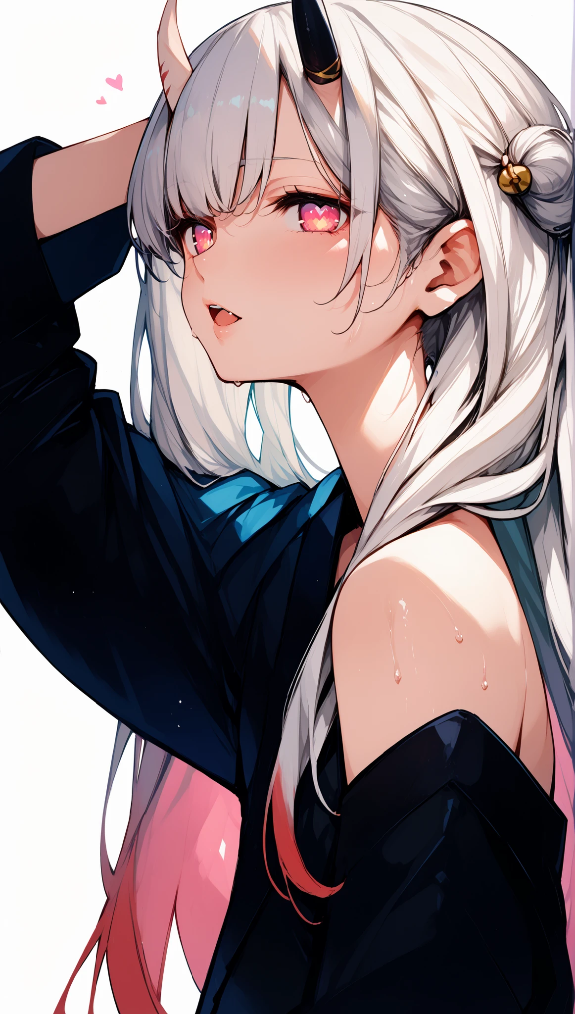 (masterpiece:1.2), ハイパーdetails, top quality, (complicated_details:1.1), 美しいdetailsな, beautiful hair, solo, 1 girl,Nakiri Iris , oni horns, long hair, they are the base, oni horns, long hair,black kimono, short kimono, Hair bell , heart, Shimenawa , bare shoulder, long sleeve, they mask, head mask,white hair,Anime Coloring,upper body,white background, simple background,shoulder focus,from below,viewers,from the side,sweaty,jumbled shoulders ,from below,frizzy hair,side,greasy side,shoulder focus,((side focus)),bare shoulder,upper body,((greasy side)),((smooth side)),((Pupil details)),backlight,((Detailed side)),((elastic side)),((soft side)),throw,((One Hand Behind the Head)),hair between eyebrows,separated sleeve,wide sleeve,double bang,((long hair)),fang out,Upper teeth,opens her mouth,young girl