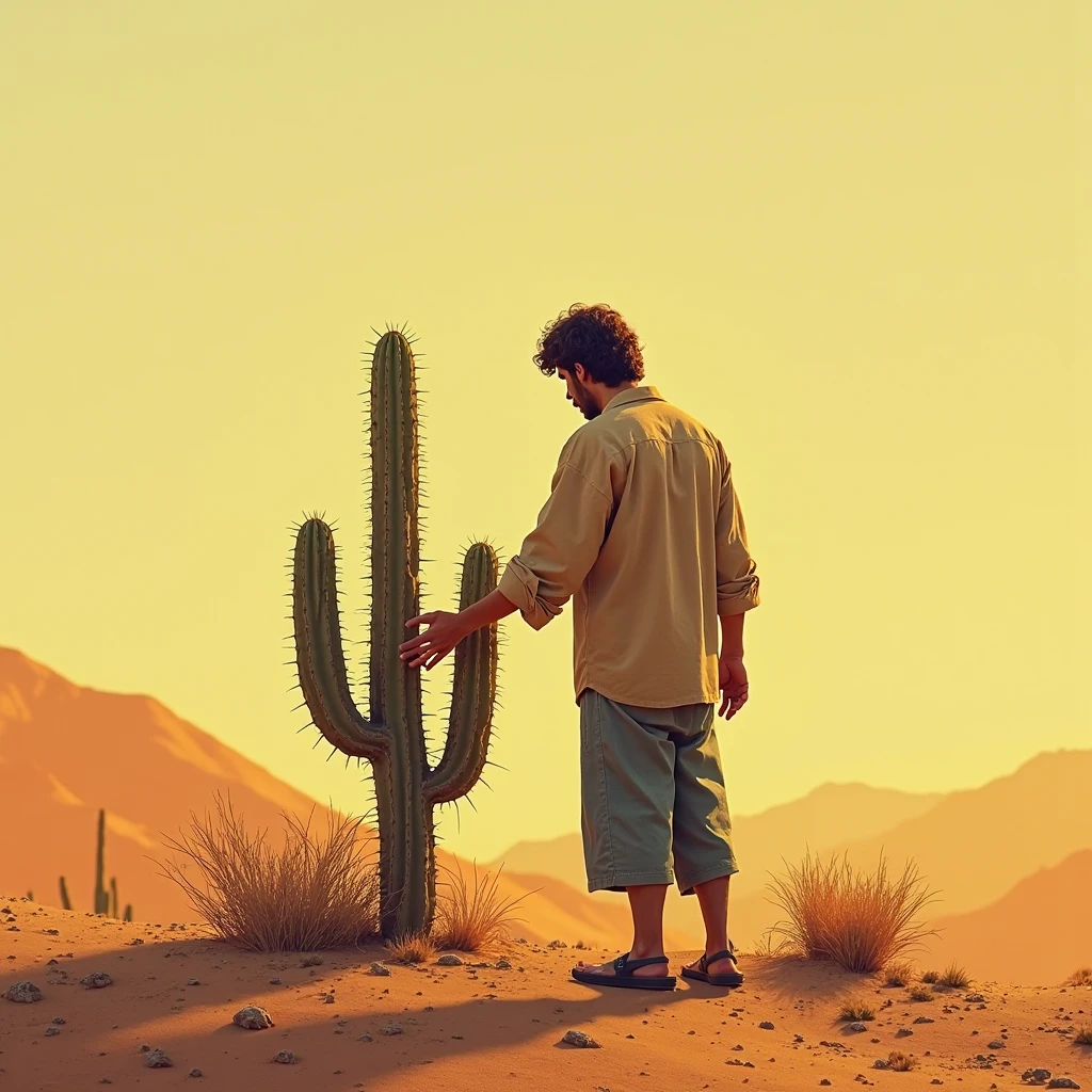 A man embracing a tall, spiky cactus, in the style of surrealism