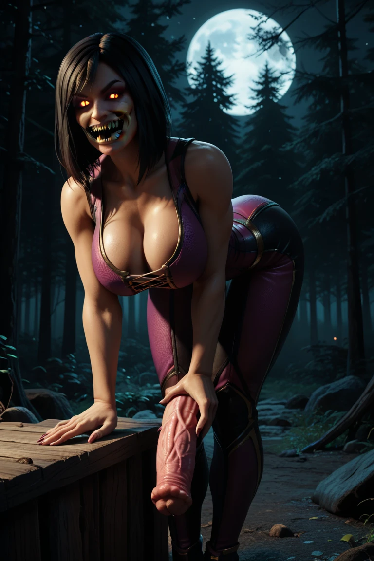 (FlyingBolt), grey skin, covered eyes, smile, fingernails, white bandages, bandaged leg, barefoot, navel, white bandage hoodie, 1girl, solo, facing viewer,(1penis),(Cowgirl:),(Squat),(pov:1.2),(Night Forest)