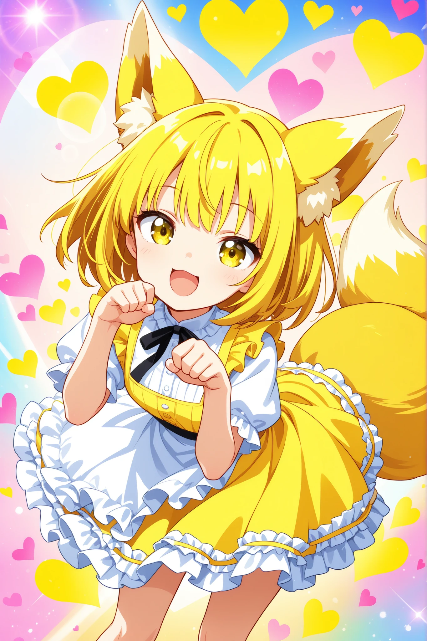 (masterpiece, top quality), (colorful),one girl at the Expo, fox ears,foxtail,long yellow hair,Yellow Ime, The Greatest Smile,opens her mouth,heart background,A yellow dress with lots of frills , super precise illustration, High Detail , Dynamic Angle, Beautiful Detailed, 8k, (high resolution), anime style,cute,cute paw pose,white dress, clean and clean ,lens flare,(viewers),dynamic angle,