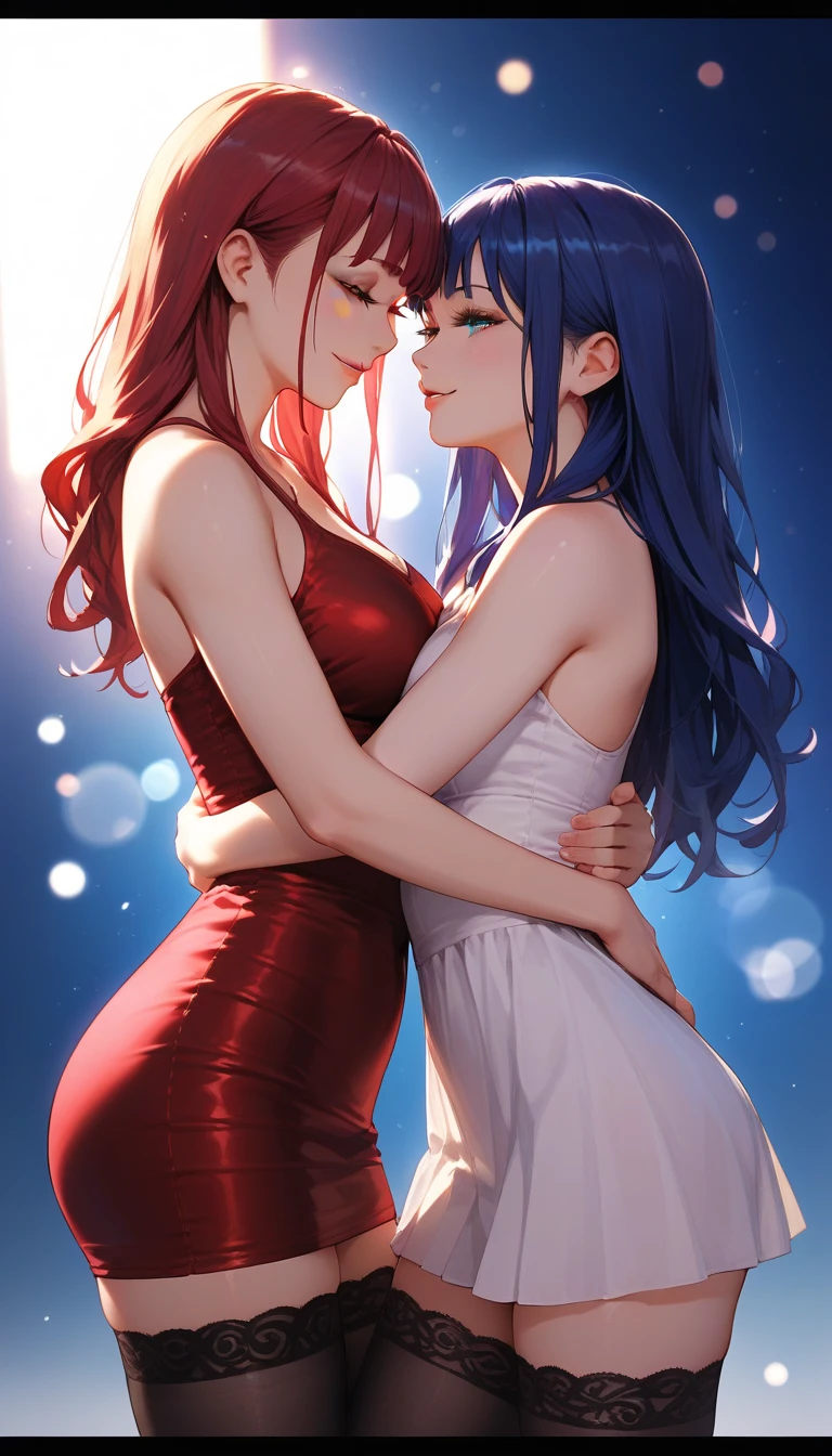 (masterpiece, best quality), best resolution, (2heads:1.5), 1girl, very long hair, red hair, clear eyes, blue hair, half-colour-hair, red eyes, left head's mouth open, all necks visible, heads spaced equally on one chest, perfect anatomy talking to the viewer, right head's mouth closed, smiling, holding a volleyball, white floral dress, indoor