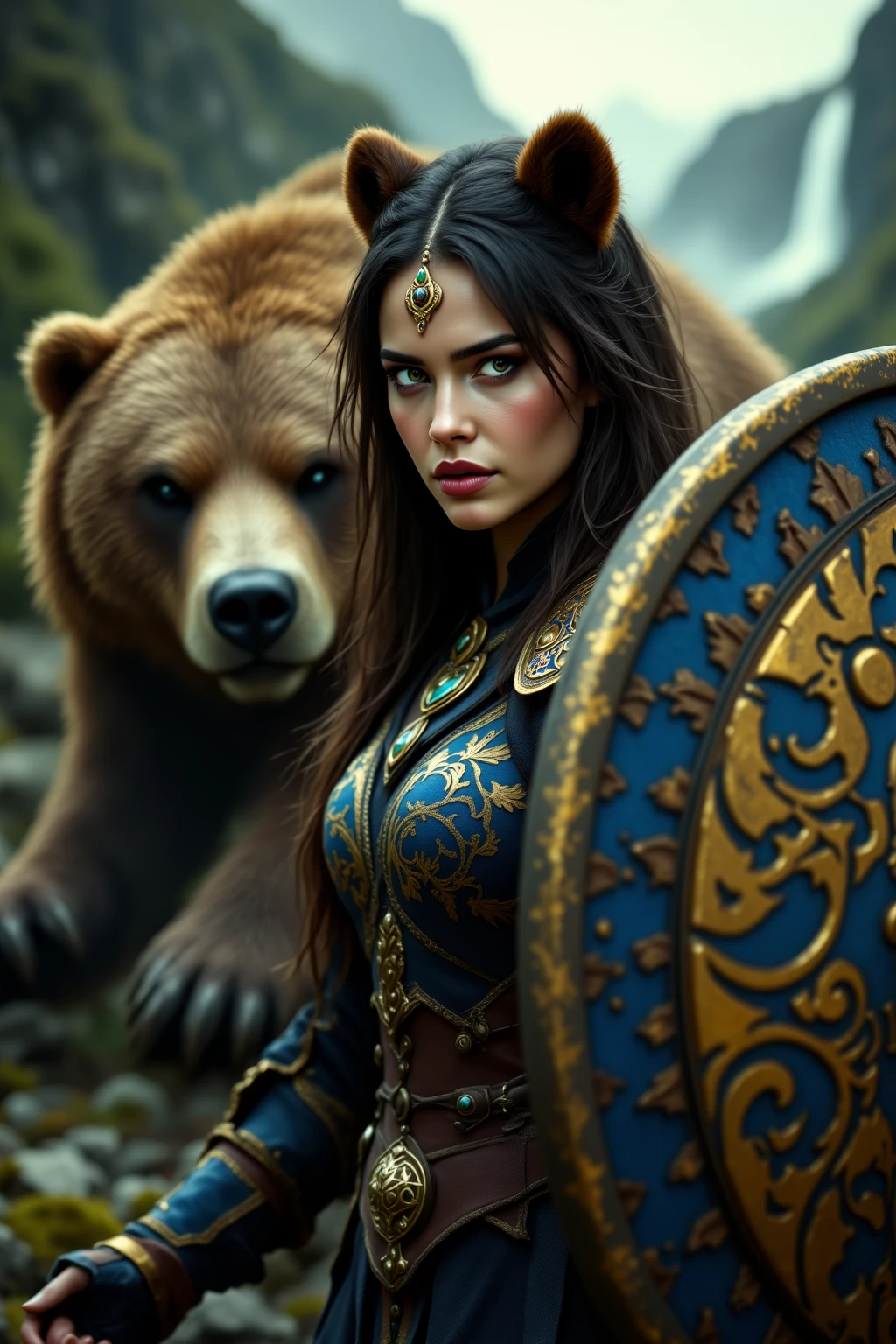 barbarian girl riding a bear, extremely detailed face, exquisite detailed eyes, delicate facial features, ethereal, fantasy, cinematic, highly detailed, detailed clothing, intricate, photorealistic, 8k, masterpiece.