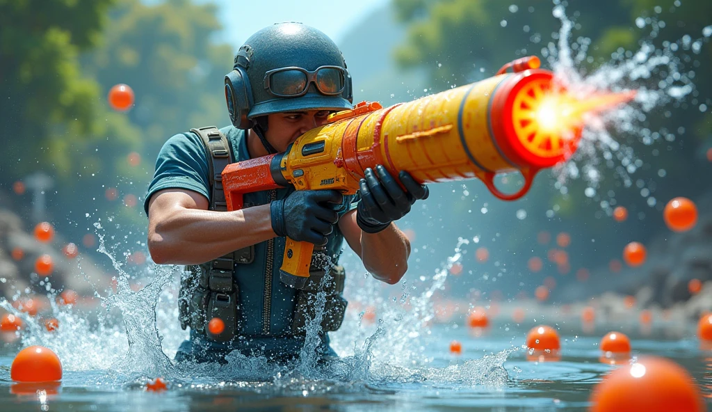 Mar profundo, Water War, war scenery, Seahorse, child soldier, Children's Water War, Pistola Glock de brinquedo, bandeira do brasil, , Child, azul escuro, azul claro, verde claro, estrela-do-mar, peixe, monstros marinhos, boia listrada, ship anchor, Bokeh blur, cinemactic