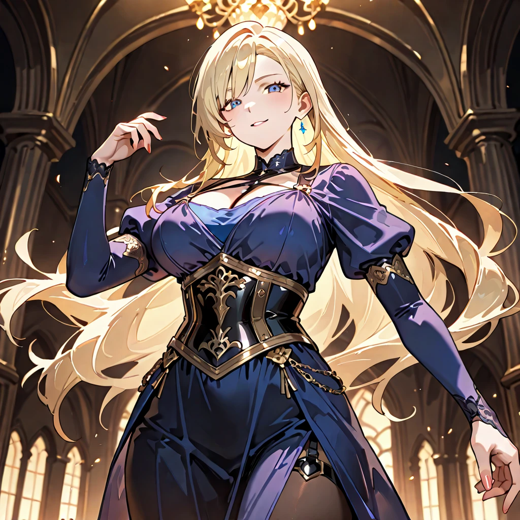 a woman in a purple dress with long blonde hair and a purple top, royal elegant pose, artoria pendragon, rococo queen, imperial royal elegant clothing, ((a beautiful fantasy empress)), royal portrait, a beautiful fantasy empress, beautiful alluring anime woman, gothic maiden anime girl, wistful bosom, masterpiece goddess of sorrow, gothic regal