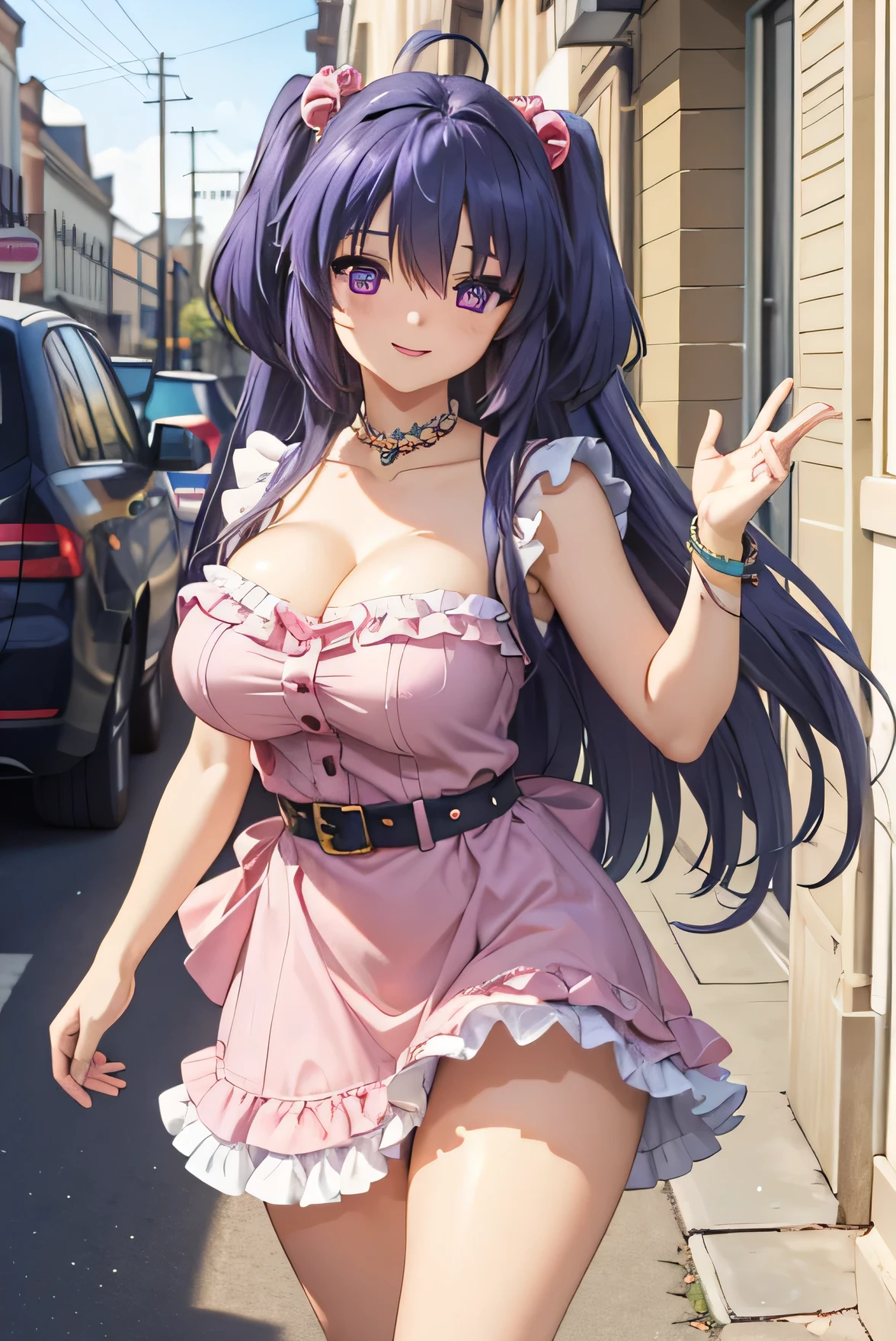 Masterpiece ,best quality , high resolution , ultra detail , colorful , soft light , mild light , sunlight , shinny , (perfect fingers , Detailed fingers, perfect hands) , (1 girl solo:1.38) , (Misato katsuragi) , (black eyes, ponytail , purple hair, medium_long_hair, make up, necklace, tall, slim body,) , (navel , belly , narrow waistline , wear maid apron , maid miniskirt , maid headband , thigh strap, head tilt) , (cleavage:1.15) , (big breast:1.13) , (outdoor , on street , in front of coffee shop , on road, ) , (standing cowboy shot) , ( full face blush , shy , smile , open mouth) , (face viewer , look at the viewer)