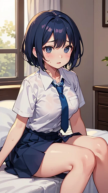 8k, A masterpiece of softcore pornography shot by Kishin Shinoyama, Bast quality,big, RAW Photos, (Ultra-thin contour lines), (1 girl), anime girl, Highlight Eye, Shiny hair, Professional Lighting, (Glowing Skin: 1.2), shiny big, ((Highest quality)), Sharp focus: 1.2, Highly detailed face and skin texture, fine grain, Perfect Face, Perfect body, Blur Art, CG, background, milk, in front (16 years old, Cool and beautiful girl face), wear ((School uniform)), thigh), blush, (Porn Cosplayer), (Camel Toe, White panties), Gravure idol style panty flashing, She pulled up her skirt to avoid the heat...、I sat on the desk with my knees raised....。., My favorite girl, Browsing Caution, Focus on the crotch