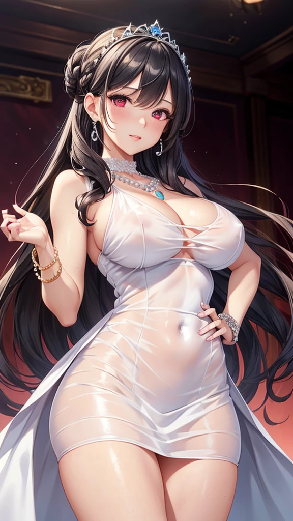 8k, RAW photo, best quality, masterpiece:1.2,1girl,mature female,Annerose,cleavage,marble floor,  (Sheer tulle dress:1.5),(((see through))), cowboy shot, ((breast tattoo)),brown_hair, bangs, long_hair, earrings, jewelry, hair_between_eyes, closed_mouth, purple_eyes
