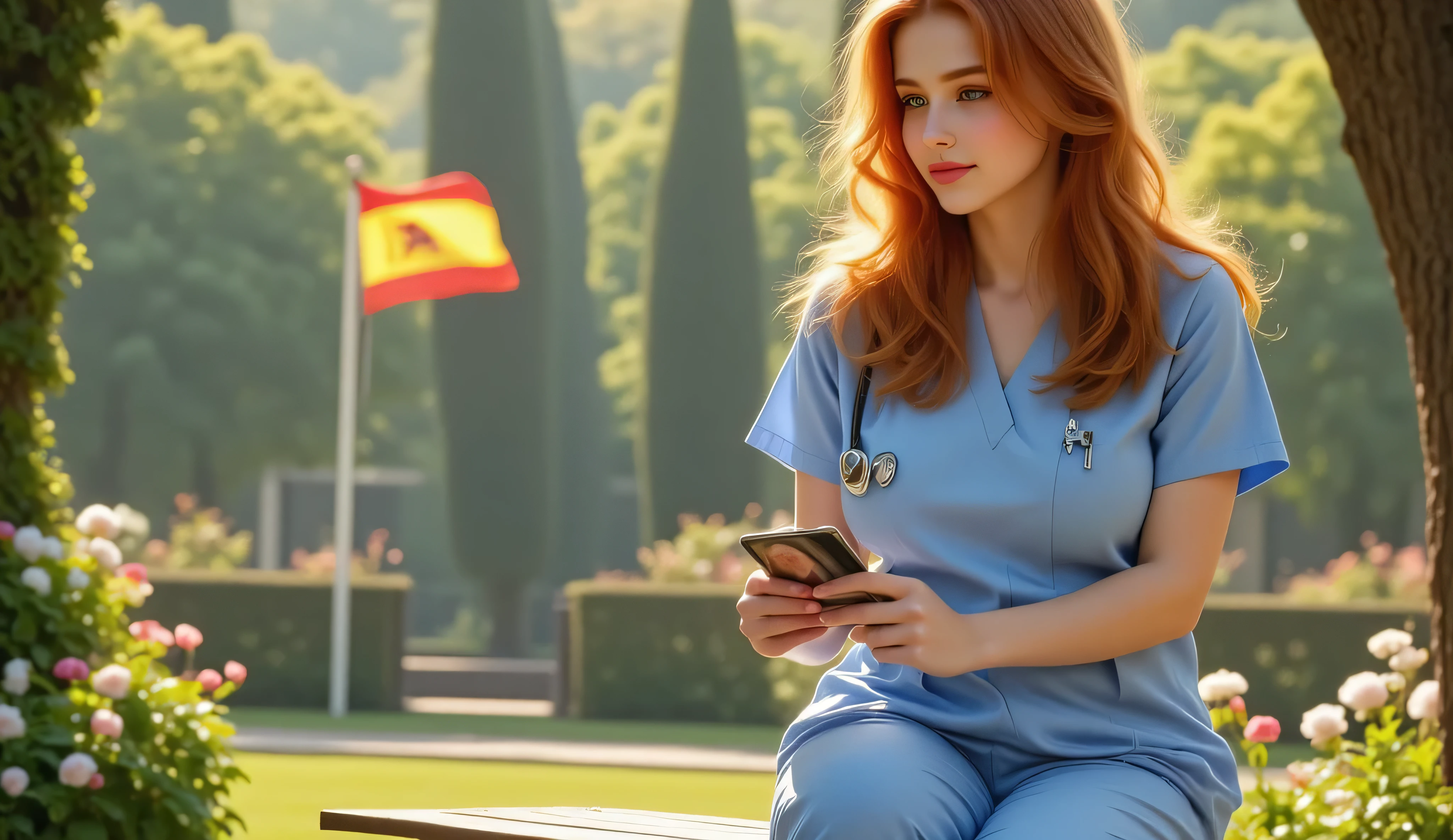A photograph of a beautiful young red-haired female nurse wearing a light blue scrub uniform, sitting on a wooden bench in the hospital garden during a peaceful morning. She gently holds a small photograph in her hands and gazes at it with a radiant, hopeful expression. Around her, the garden is full of blooming flowers, tall green trees, and soft sunlight filtering through the leaves. In the background, an Spain flag on a tall flagpole gently waves in the breeze, adding a subtle touch of patriotism. The scene exudes a healing, warm atmosphere — serene, heartfelt, and filled with emotional lightness. Her auburn hair glows in the natural light, and her eyes shimmer with quiet joy.