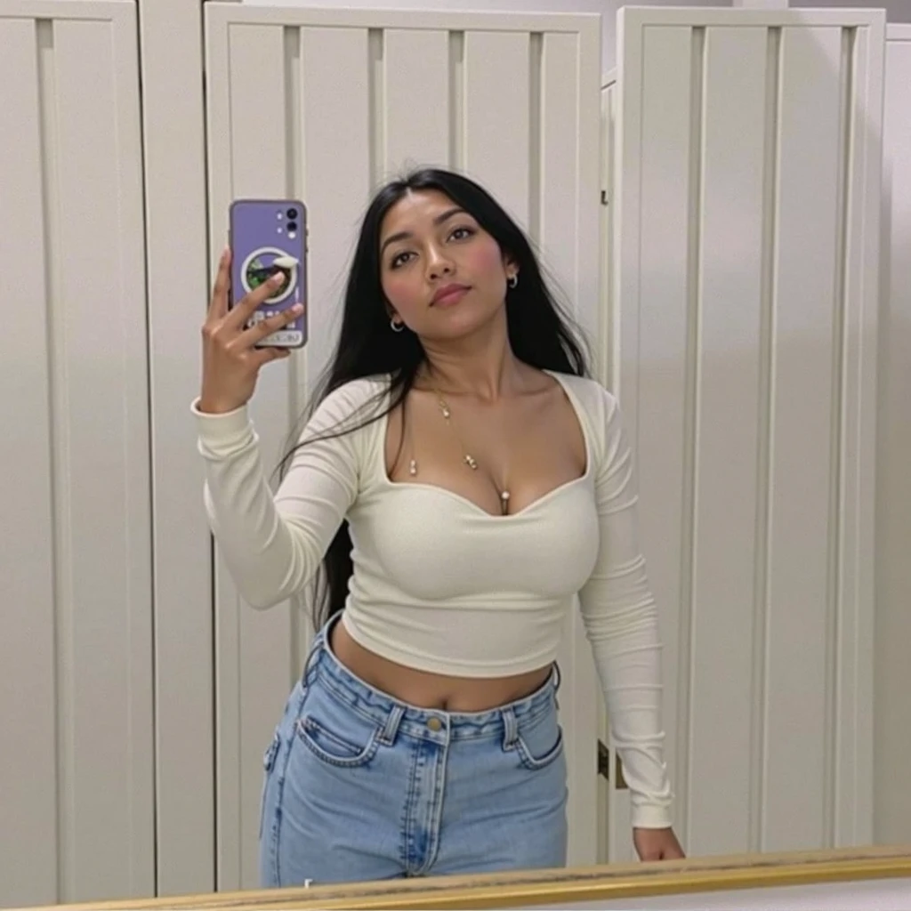 Girl wearing shorts and tank top taking mirror selfie, HD, 8K, Curvy, Hourglass Figure, flawless skin,