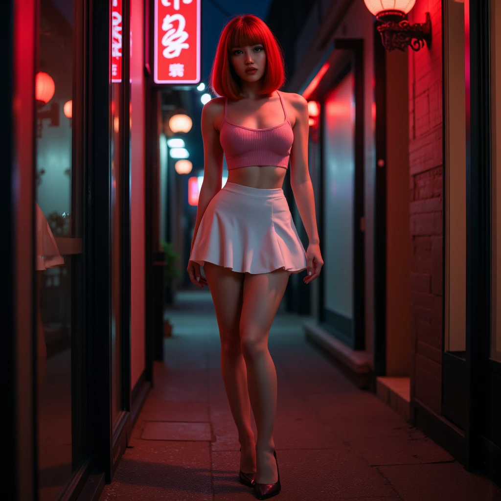 1 girl. best quality, (realistic photo:2), (raw photo:2) high heels, pin heels, thin waist, full body, (breasts out:1.5), (show pussy:1.5), (small breasts:2), small ass, (skinny thighs:1.5), platinum pink hair, short hair, detailed face, detailed eyes. In the neon-lit night city, standing on the rooftop of a high-rise building, around 18 years old, she was wearing a power suit rich with mechanical details. The power suit was designed with advanced technology, featuring intricate mechanical parts on her arms and legs, and a glowing emblem on her chest.