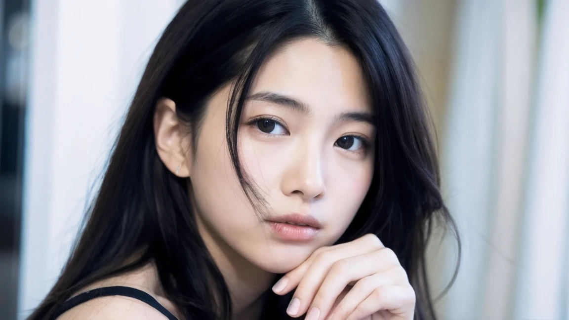 HamabeMinami beautiful woman floppy wavy black hair side parting busty at a japanese hotel bath
