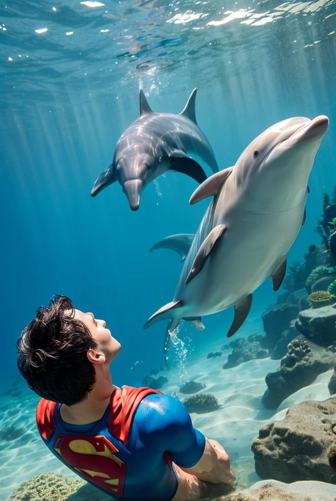 boy illustration,who swims in the water with a dolphin