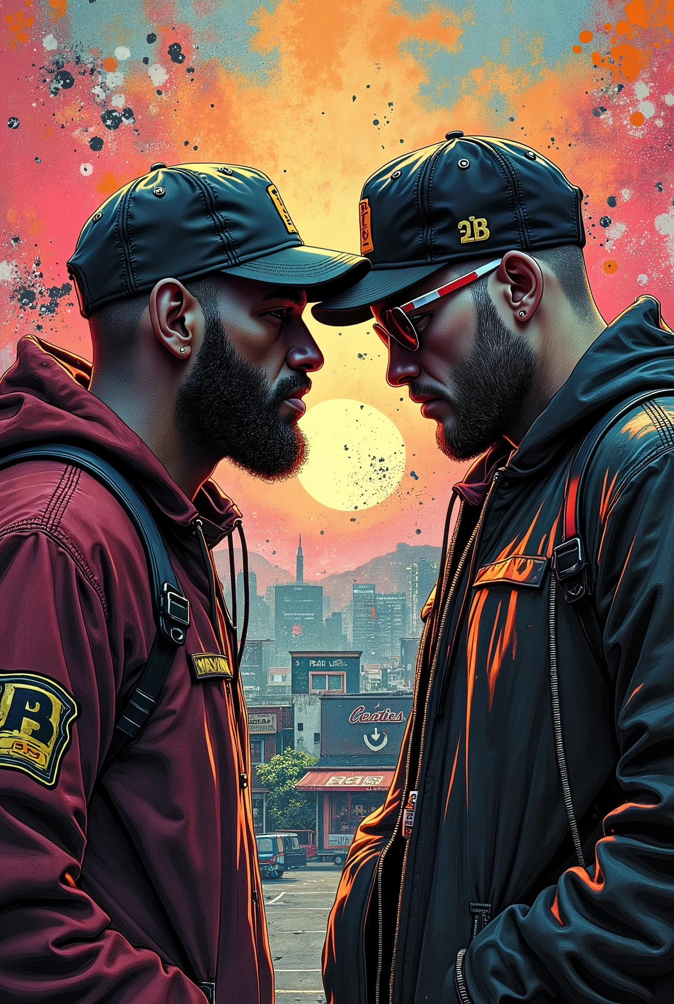 gang rivalry based on the Los Santos edition of Grand Theft Auto as a motif, bullet holes in the urban area where gang plans broke out, bullet holes transform the artwork into new art, Bullet marks pierce the graffiti wall＄240 is dancing, The confrontation between two groups of young mafias