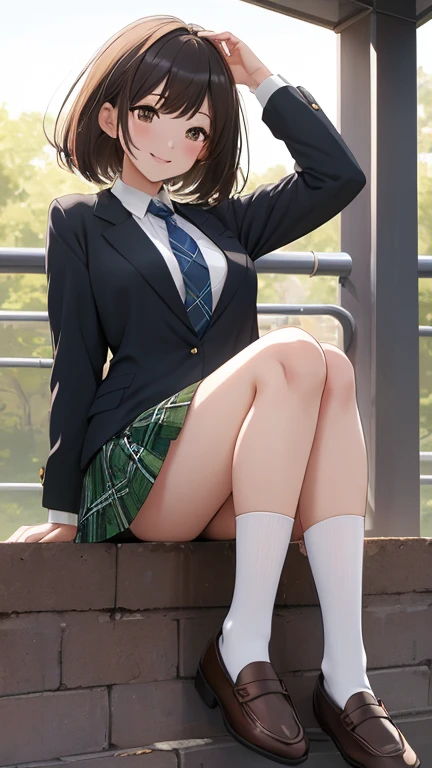 (8k, RAW Photos, 最high quality, masterpiece:1.2), high qualityのRAWカラー写真, Professional photo shoot, Cinematic Light, alone, (((young woman, Gal))), (Sharp features), (Small face), (Skin with attention to detail:1.2), clavicle, Cute Face, Beautiful appearance, Long eyelashes,Girl Turning Around, smile, (Black Hair, Short Bob Hair、Heavy bangs), high school student, Red tie, High School Uniform:1.2, Black jacket, Open jacket, Jacket cuff ons, White shirt, Check skirt, 真Midnightのホテル, Confident attitude, Capture the happy moment, Artistic painting,Attractive thighs, loose socks:1.2, sneakers:1.2, (A very fine touch:1.2), (はにかんだsmile), Peaceful atmosphere, Oil painting style, Bright colors, (Full body portrait), Smooth texture, Gazing Eyes, Beautiful Skin, Shiny skin, ((Perfect Fingers, Five Fingers, Anatomically correct)), Background Blur, high quality, Surreal, ((Very detailed, photo shoot)),(Skirt flipan see her panties)ght