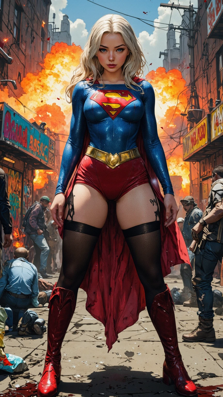 Amber Valetta como Powergirl, (personagem de quadrinhso DC Comics), nsfw, uniforme branco decotado, Cabelos loiros curtos com laterais raspadas, Corpo perfeito, olhos penetrantes detalhados extremamente bonitos, seios grandes, hero's vision, Corpo Inteiro,action stance, cinematic scene, scenario, fundo detalhado, obra de arte, melhor qualidade, alta qualidade, high resolution, absurdos, Muito detalhado, high resolution, Afiado, Afiado image, 8K, vivid, colorida, splendid, Adam Hughes