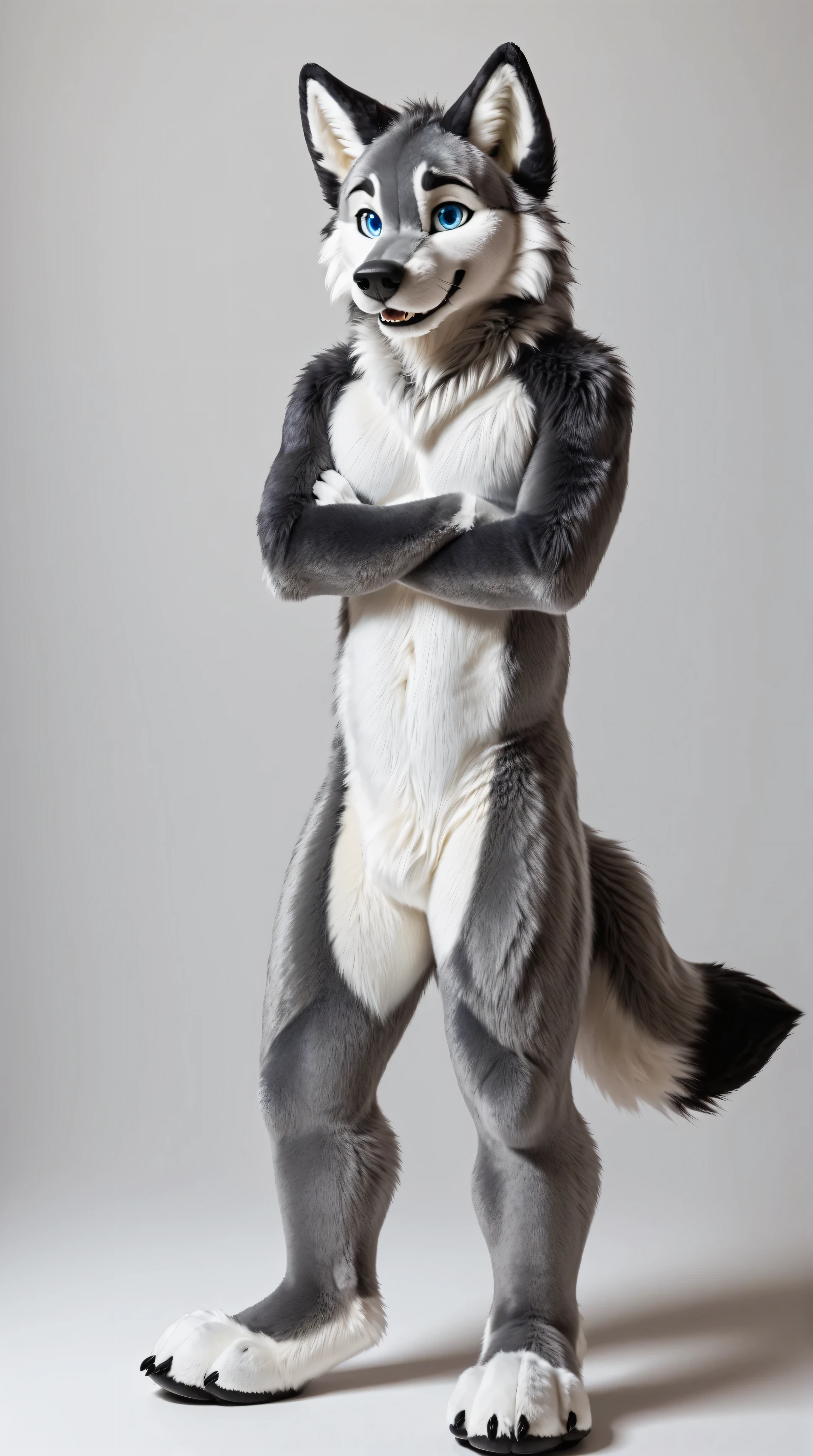 full body, fursuit, male, grey, grey limbs wolf, blue eyes, plain background