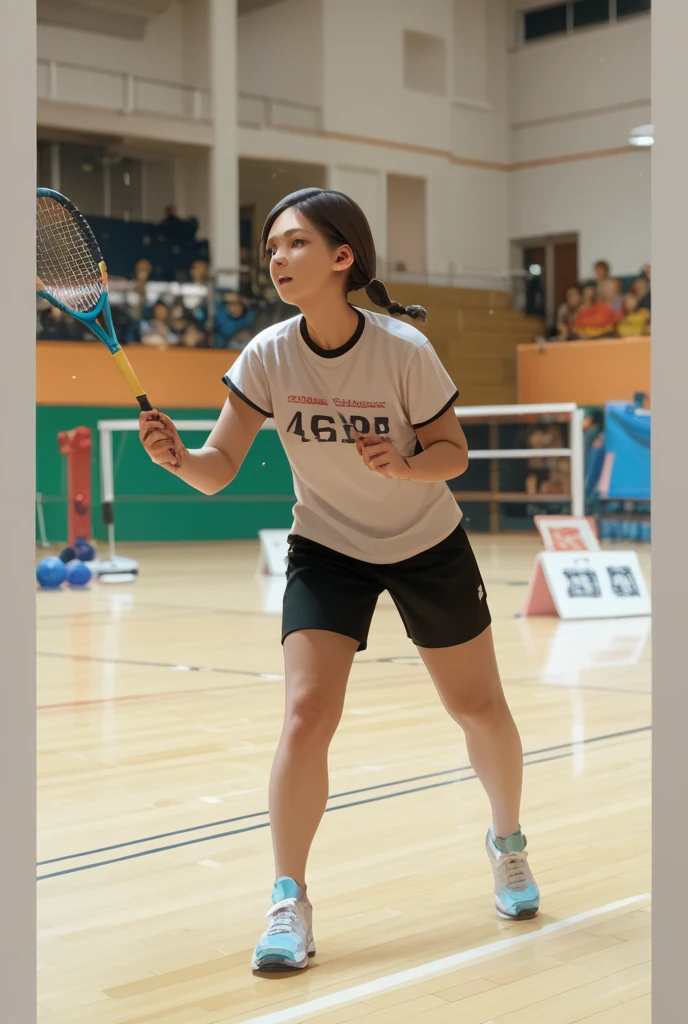 Masterpiece, best quality, high quality, 8k, UHD, Arafed a beautiful women, indoor stadium, solo, sport t-shirt, eyelid, white skin, black hair, open thgh, (fat:1.3), rawinda prajongjai, batminton, thailand